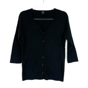 Talbots Petite | Black Pima Cotton 3/4 Sleeve Cable Knit Cardigan Sweater LP